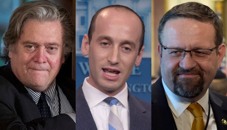 In a letter to the president, the leaders of the black, Hispanic, Asian and progressive caucuses are asking Trump to remove White House chief strategist Steve Bannon, senior policy adviser Stephen Miller, and deputy assistant to the president Sebastian Gorka after the violent white nationalist groups' rally in Charlottesville, Va., over the weekend. (AP Photo/Susan Walsh)