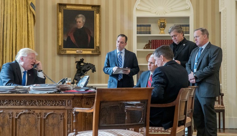 President Trump accompanied by then-chief of staff Reince Priebus, Vice President Mike Pence, former White House press secretary Sean Spicer, former senior adviser Steve Bannon, and former national security adviser Michael Flynn at the White House. As it currently stands, the Trump administration has a 34 percent turnover rate, which is 