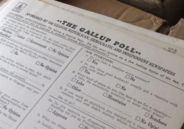 This Dec. 11, 2012, file photo shows a 1947 survey for the Gallup Poll at the University of Iowa library in Iowa City, Iowa.(AP Photo/Ryan J. Foley, File)