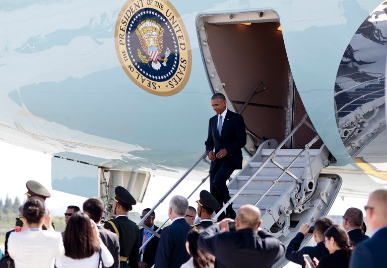 Obama on Saturday was forced to exit his plane by using a little-used staircase in Air Force One's belly, when a staircase wasn't rolled up to the plane after it landed. (AP Photo/Carolyn Kaster)