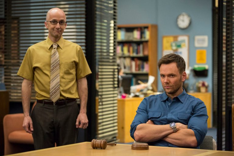 This photo released by NVC shows, Jim Rash, left, as Dean Pelton, and Joel McHale as Jeff Winger, in a scene from season 5 of 