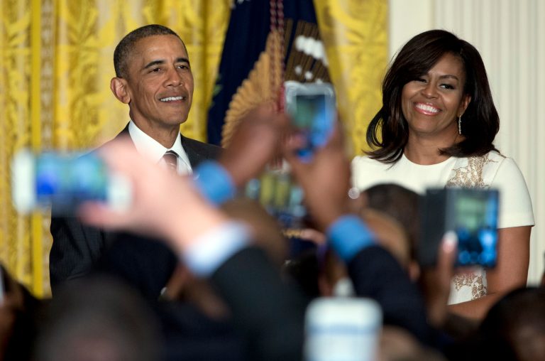 President Barack Obama and first lady Michelle Obama host a reception celebrating African American History Month. (AP Photo/Carolyn Kaster)