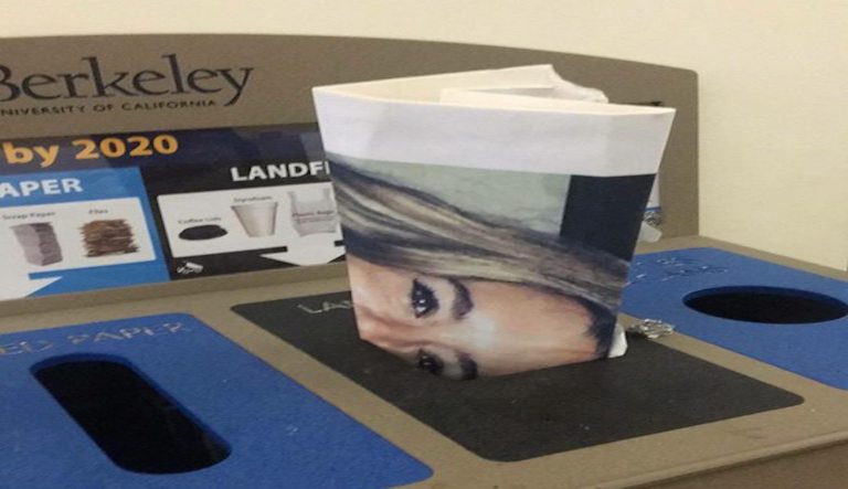 Shortly after the crowd dispersed from the tribute, which was left on Sproul Hall steps (for students to pass by on their way to classes the next morning), part of the memorial was thrown in the trash (Photo: Berkeley College Republicans via Facebook)