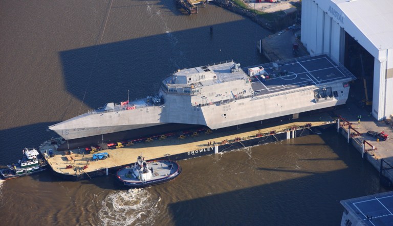 The future littoral combat ship USS Tulsa prepares to head down the Mobile River at the Austal USA shipyard in Alabama in March. (U.S. Navy photo/Released)