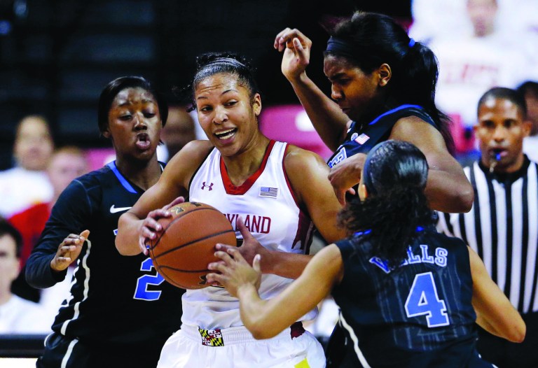 Patrick Semansky/AP
Alyssa Thomas was harassed all afternoon, finishing with just 14 points as Maryland fell to Duke at Comcast Center.