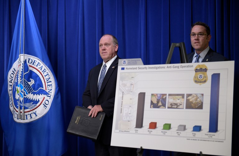 U.S. Immigration and Customs Enforcement acting Director Thomas Homan, left, and Homeland Security Investigations deputy executive associate director Derek Benner, right, arrive to speak at a news conference in Washington, Thursday, May 11, 2017, to announce the results of a national operation targeting gang members and associates. (AP Photo/Susan Walsh)