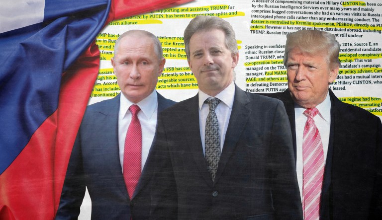 Former British spy Christopher Steele, who compiled the Trump dossier, wrote an additional memo on Donald Trump and Russia. (Washington Examiner illustration)