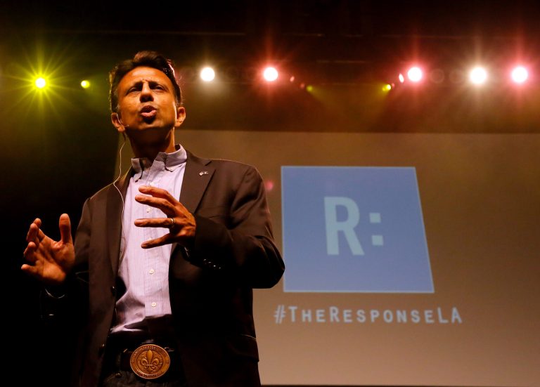 Louisiana Gov. Bobby Jindal speaks during a prayer rally, Saturday, Jan. 24, 2015, in Baton Rouge, La. (AP Photo/Jonathan Bachman)