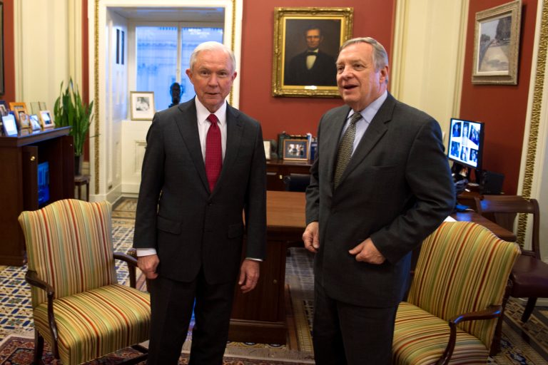 Attorney General nominee Sen. Jeff Sessions, R-Ala., left, meets with Senate Minority Whip Richard Durbin of Ill., on Capitol Hill, in Washington, Wednesday, Jan. 4, 2017. (AP Photo/Cliff Owen)