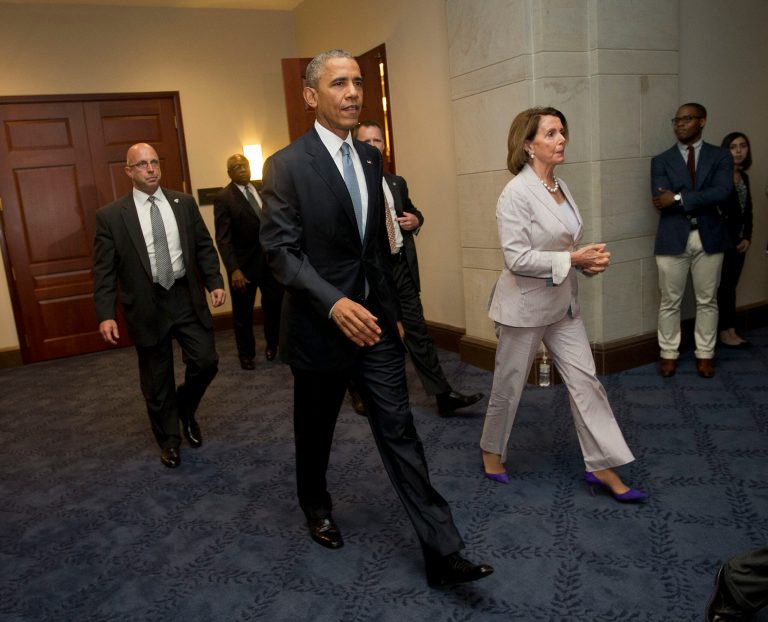 President Barack Obama and House Minority Leader Nancy Pelosi of Calif. leave meeting with House Democrats on Capitol Hill in Washington, Friday, June 12, 2015. (AP Photo/Pablo Martinez Monsivais)