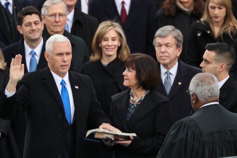 The president's term begins at noon, whether he's already taken the oath or he takes it a few moments later. (AP Photo/Andrew Harnik)
