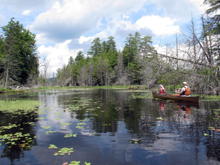 File-This July 8, 2014, file photo shows canoeists paddling between Third and Fourth lakes in the Essex Chain Lakes tract near Newcomb, N.Y.  The Department of Environmental Conservation says it's revising its proposed recreation plans for new state land in the Newcomb area of the central Adirondacks in response to public comments. (AP Photo/Mary Esch, File)