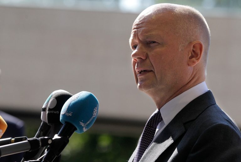 British Foreign Secretary William Hague addressees the media upon arrival at the EU foreign ministers council at the European Council headquarters in Luxembourg city, Luxembourg, Monday, June 23, 2014. EU foreign ministers will discuss the situation in Ukraine and Iraq. (AP Photo/Yves Logghe)