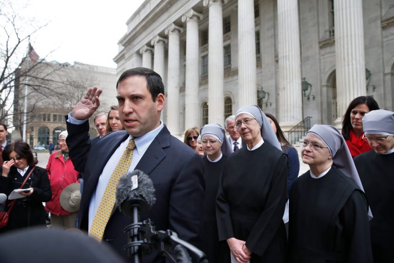 Lead cousel Mark Rienzi speaks the media. Faith-based organizations that object to covering birth control for employees argued that the government must do more to ensure their beliefs are not violated. (AP)
