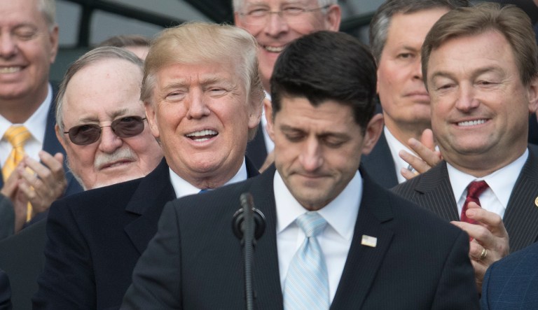 Republicans celebrated on the south lawn of the White House Wednesday to acknowledge the final passage of tax overhaul legislation by Congress. (AP Photo/Carolyn Kaster)