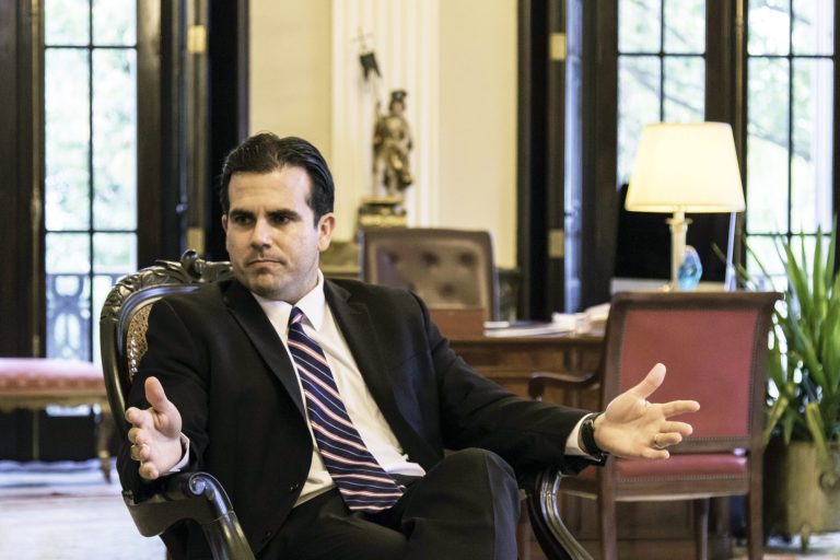 Ricardo Rossello, governor of Puerto Rico, is interviewed at the governor's official residence (La Fortaleza) in San Juan, Puerto Rico, on March 28. Puerto Rico's economy has been contracting for a decade. Last year, almost 65,000 residents left the island, keeping pace with the previous two years, when the exodus reached the worst since at least the 1980s. (Alejandro Granadillo/Bloomberg)