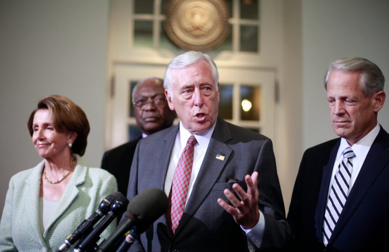 Minority Whip Steny Hoyer, D-Md., center, joined by from left, House Minority Leader Rep. Nancy Pelosi, D-Calif., Assistant Minority Leader James Clyburn, D-S.C., and Rep. Steve Israel, D-N.Y., as he speaks to members of the media outside the West Wing of the White House following their meeting with President Barack Obama, Wednesday, Oct. 9, 2013, in Washington. (AP Photo/Pablo Martinez Monsivais)