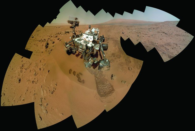 FILE - This file image provided by NASA shows a color self-portrait of the Mars rover Curiosity. It is set to drive toward a Martian mountain in mid-February after drilling into a rock. On the 84th and 85th Martian days of the NASA Mars rover Curiosity's mission on Mars (Oct. 31 and Nov. 1, 2012), NASA's Curiosity rover used the Mars Hand Lens Imager (MAHLI) to capture dozens of high-resolution images to be combined into self-portrait images of the rover. (AP Photo/NASA/JPL-Caltech/MSSS, File)