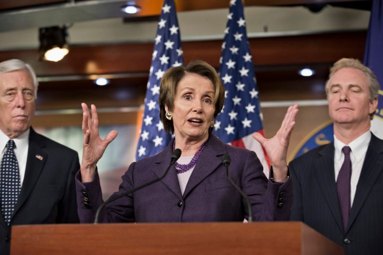 House Minority Leader Nancy Pelosi of Calif., center, discusses the unfinished work of Congress and the struggle for Republican and Democratic budget negotiators to reach a compromise, at a news conference on Capitol Hill on Thursday. (AP/J. Scott Applewhite)