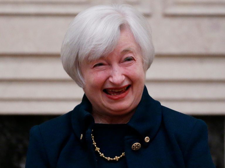 Janet Yellen reacts to applause by staff members after she was sworn in as Federal Reserve Board chair, Monday, Feb. 3, 2014, at the Federal Reserve in Washington, Yellen is the first woman to lead the Federal Reserve. (AP Photo/Charles Dharapak)
