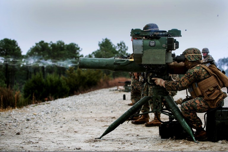 Marine Corps Sgt. Danielle V. Beck fires an M41A4 Saber missile launcher during a live-fire exercise on Marine Corps Base Camp Lejeune, N.C., Jan. 14, 2015.Â (U.S. Marine Corps photo by Sgt. Alicia R. Leaders)