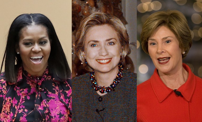 First ladies Michelle Obama, Hillary Clinton and Laura Bush have brought in their own personal touch in celebrating Christmas at the White House and in Washington over the years. (AP Photo/Ron Edmonds)