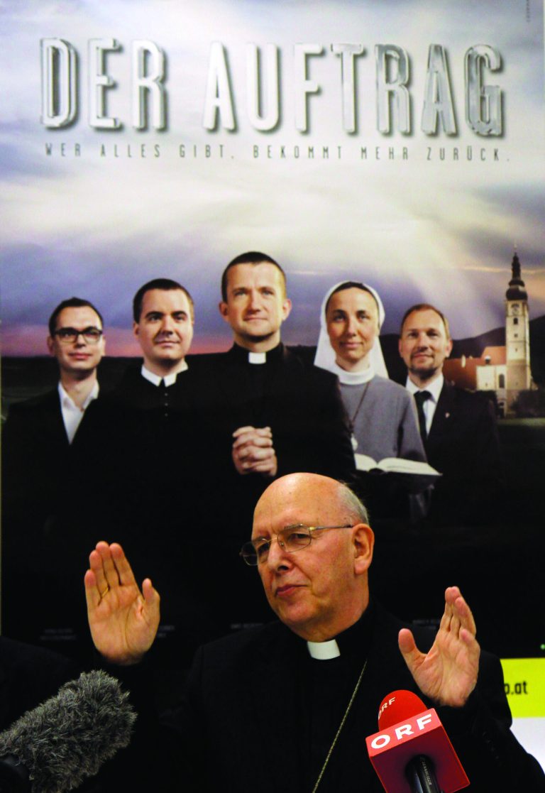 Klaus Kueng diocesan bishop of St. Poelten speakes during a press conference at the start of the release of the poster with the title 