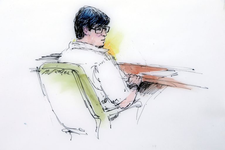 The charges against Enrique Marquez, Jr., shown here in a courtroom sketch, include conspiring in a pair of previous planned terror attacks and making false statements when he bought the guns used in the Dec. 2 shooting that left 14 people dead. (AP photo/Bill Robles)