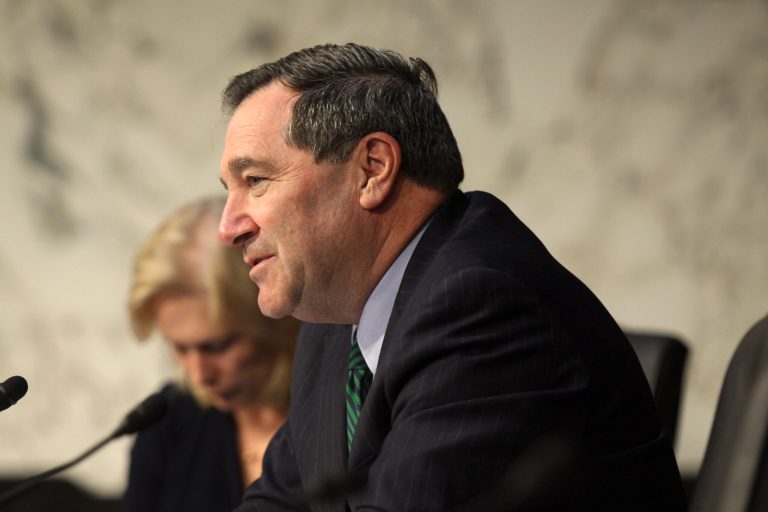 Sen. Joe Donnelly, D-Ind., listens at a Senate Armed Services Committee on Tuesday, July 21, 2015 on Capitol Hill in Washington. (AP Photo/Lauren Victoria Burke)