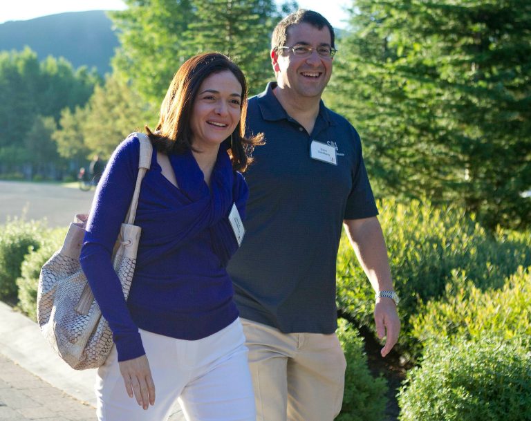 Facebook chief operating officer Sheryl Sandberg, left, and Dave Goldberg, CEO of Survey Monkey, arrive at the Sun Valley Inn for the 2011 Allen and Co. Sun Valley Conference, Wednesday, July 6, 2011, in Sun Valley, Idaho (AP Photo/Julie Jacobson)
