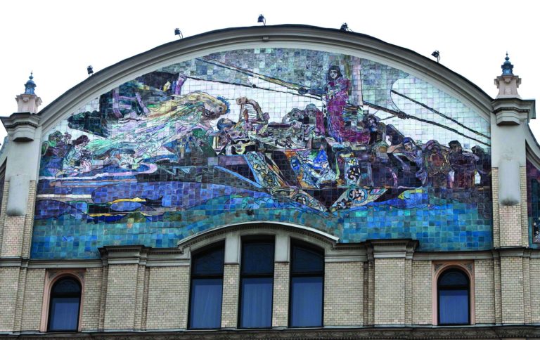A mosaic depicting the Russian fairy tale Sadko decorates Moscow's Metropol Hotel on Thursday, Aug. 30, 2012. Over the past century, the Hotel Metropol has seen the extremes of Russian life, from austere revolutionary fervor to flashy pop indulgence. Now, at a starting price of 8.7 billion rubles ($272 million), the hotel is up for sale Thursday, auctioned off by the Moscow city government as part of its privatization program. (AP Photo/Alexander Zemlianichenko)