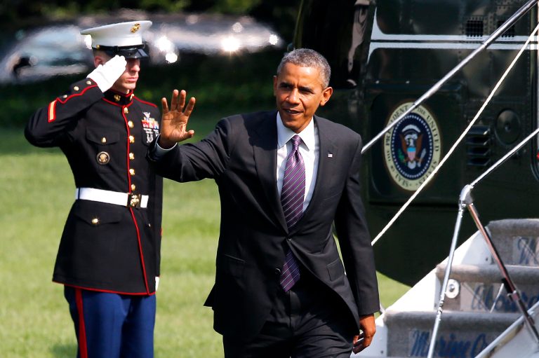 President Obama waves after stepping off Marine One helicopter on the South Lawn of the White House Wednesday as he returns from Kansas City, Mo. (AP Photo/Charles Dharapak)
