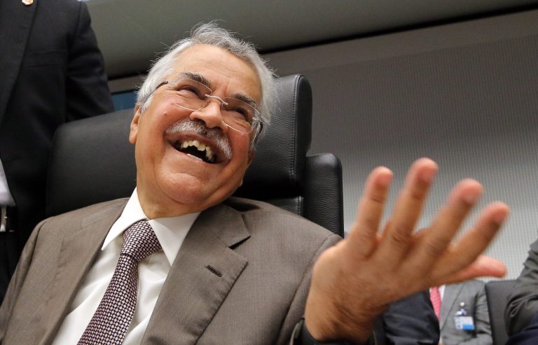 Saudi Arabia's Minister of Petroleum and Mineral Resources Ali Ibrahim Naimi gestures as he speaks to journalists prior to the start of a meeting of the Organization of the Petroleum Exporting Countries, OPEC, at their headquarters in Vienna, Austria, Wednesday, June 11, 2014. OPEC oil ministers are heading into a meeting with apparent agreement to keep unchanged their output target of 30 million barrels a day. (AP Photo/Ronald Zak)