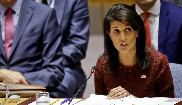 U.S. United Nations Ambassador Nikki Haley address the United Nations Security Council, during the U.N. General Assembly, Thursday Sept. 21, 2017 at U.N. headquarters. (AP Photo/Bebeto Matthews)