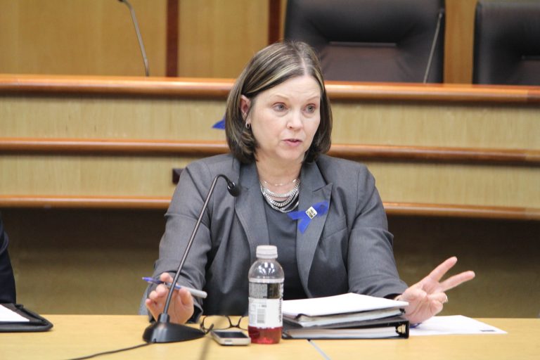 Commissioner Janet Carlson speaks at an emergency meeting of the Marion County Commission in Salem, Ore., on Thursday, April 24, 2014. (AP Photo/Jonathan J. Cooper)