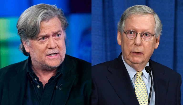 Former White House chief strategist Steve Bannon told Fox News' Sean Hannity on Wednesday that Senate Majority Leader Mitch McConnell, R-Ky.,
			should tender his resignation immediately -- or wait after Republicans pass a tax reform package. (AP Images)