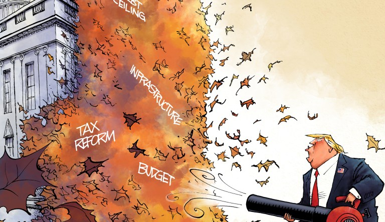 President Trump has showed no hesitation piling on new items to the crowded legislative to-do list. (Illustration by Nate Beeler for the Washington Examiner)