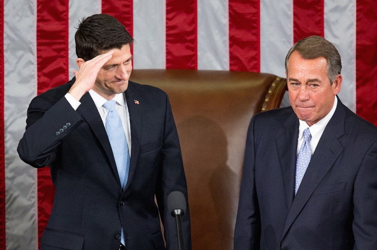 Boehner (right) who left Washington last October, said if none of the remaining three GOP hopefuls can secure enough delegates before the convention, he would have no issue supporting Ryan as the nominee. (AP Photo/Andrew Harnik)