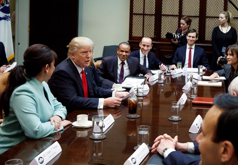 President Donald Trump speaks during a meeting with business leaders in the Roosevelt Room of the White House in Washington, Monday, Jan. 30, 2017. (AP Photo/Evan Vucci)