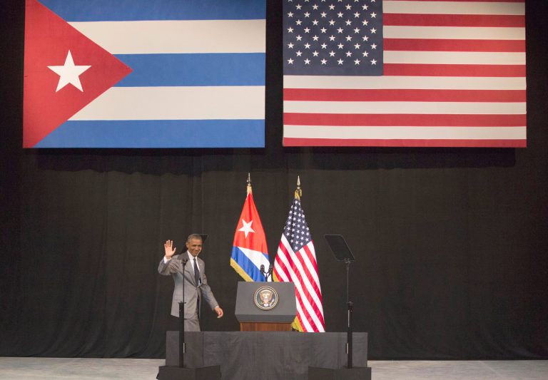 President Obama waves as he arrives to the podium to address the Cuban people at the National Theater in Havana, Cuba, on March 22, 2016. (AP Photo)