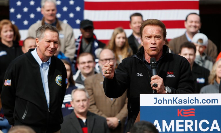 Arnold Schwarzenegger endorsed John Kasich before the former Ohio governor suspended his presidential campaign. (AP Photo/Jay LaPrete)