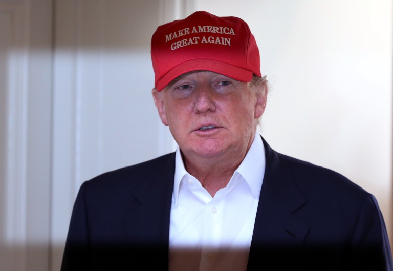 Presidential contender Donald Trump speaks to the media during a press conference on the 1st first day of the Women's British Open golf championship on the Turnberry golf course in Turnberry, Scotland, Thursday, July 30, 2015. (AP Photo/Scott Heppell)
