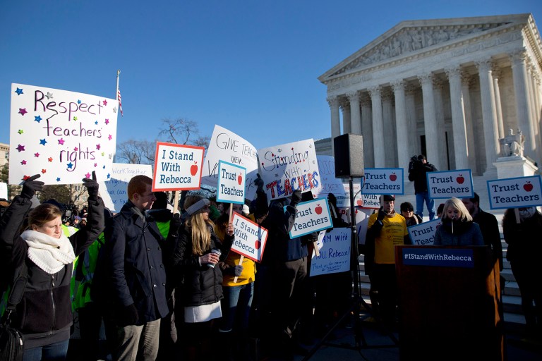 The Supreme Court denied the plaintiffs in the Friedrichs v. California Teachers Association case a rehearing. (AP Photo/Jacquelyn Martin)