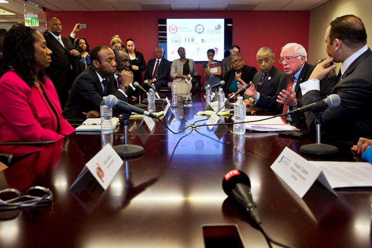 Bernie Sanders met with nine civil rights leaders Wednesday at the Washington, D.C., bureau of the National Urban League. (AP Photo/Jacquelyn Martin)