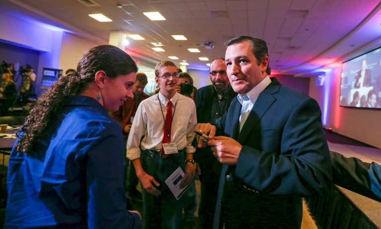 Republican presidential candidate Sen. Ted Cruz, R-Texas, greets attendees after speaking at the Practical Federalism Forum hosted by American Principles Project held at Southern New Hampshire University in Hooksett, N.H., Saturday, Oct. 3, 2015. (AP Photo/Cheryl Senter)