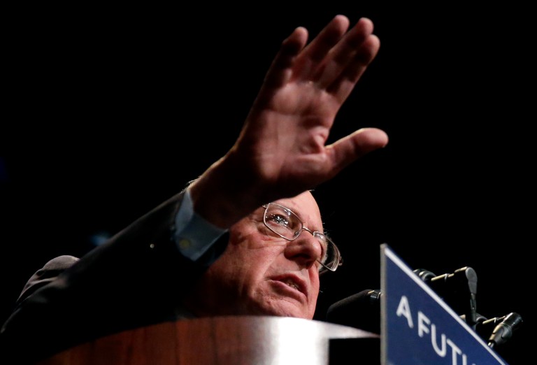 Democratic presidential candidate, Sen. Bernie Sanders speaks at a campaign stop at the Grand Theatre on Sunday, April 3, 2016, in Wausau, Wis. (AP Photo/Nam Y. Huh)