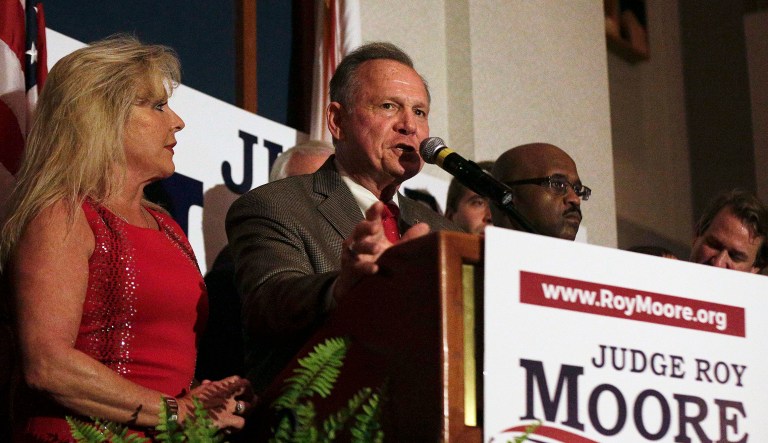 Former Alabama Chief Justice Roy Moore won the Alabama Republican primary runoff for U.S. Senate on Tuesday, defeating an appointed incumbent backed by President Trump. (AP Photo/Brynn Anderson)