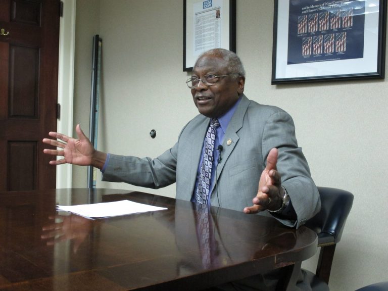U.S. Rep. Jim Clyburn, D-S.C.,talks to reporters in his office on Wednesday, May 14, 2014, in Columbia, S.C. (AP Photo)