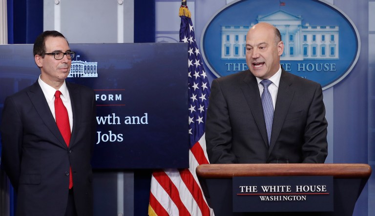 Treasury Secretary Steven Mnuchin and National Economic Director Gary Cohn speak about the White House tax reform plan. The plan that President Trump and congressional Republicans are working toward would likely yield significant tax cuts for high-income earners. (AP Photo/Carolyn Kaster)