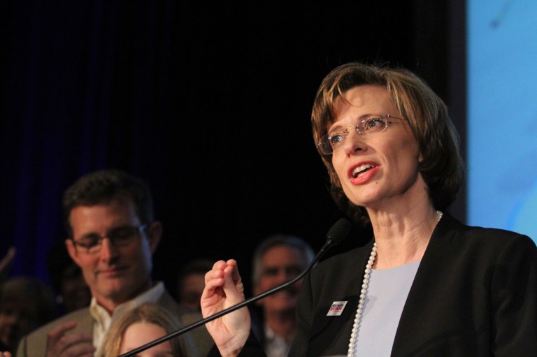According to a SurveyUSA poll, Michelle Nunn, above, trails Rep. Jack Kingston, R-Ga., by six points among likely voters; she trails businessman David Perdue by five points. (AP Photo)